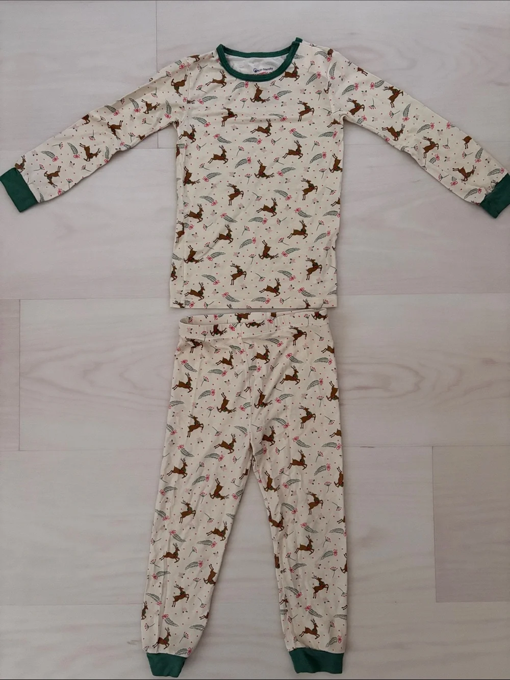 Magnetic Me Modal Cream Reindeer Pajama Set with Green Trim, 3T
